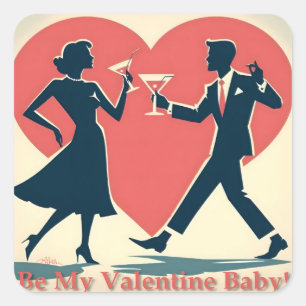 Pegatina Cuadrada Pareja de baile hípster de martini de San Valentín