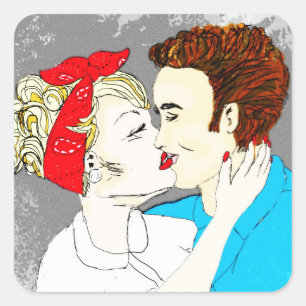 Pegatina Cuadrada Pareja de besos retro