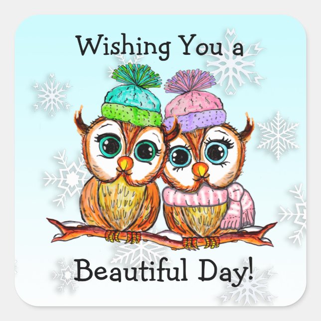 Pegatina Cuadrada Pareja de búho linda sentada en una rama (Anverso)