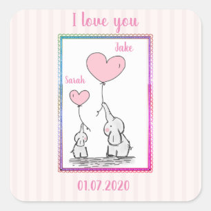 Pegatina Cuadrada Pareja de elefante rosa dulce