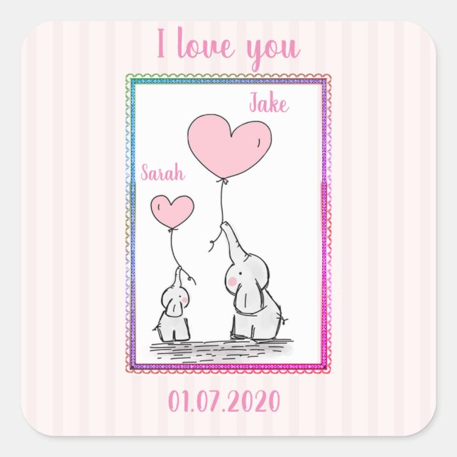 Pegatina Cuadrada Pareja de elefante rosa dulce (Anverso)