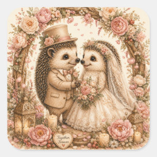 Pegatina Cuadrada Pareja de erizos de boda romántica floral