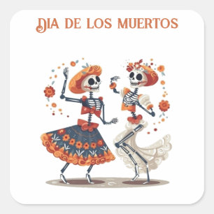 Pegatina Cuadrada Pareja de Esqueleto Bailando Custom Día de los Mue