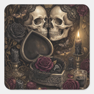 Pegatina Cuadrada Pareja de Esqueleto Gótico Romance Oscuro Rosa Vic
