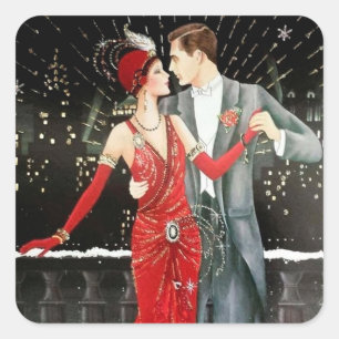 Pegatina Cuadrada Pareja de Navidades de arte deco retro