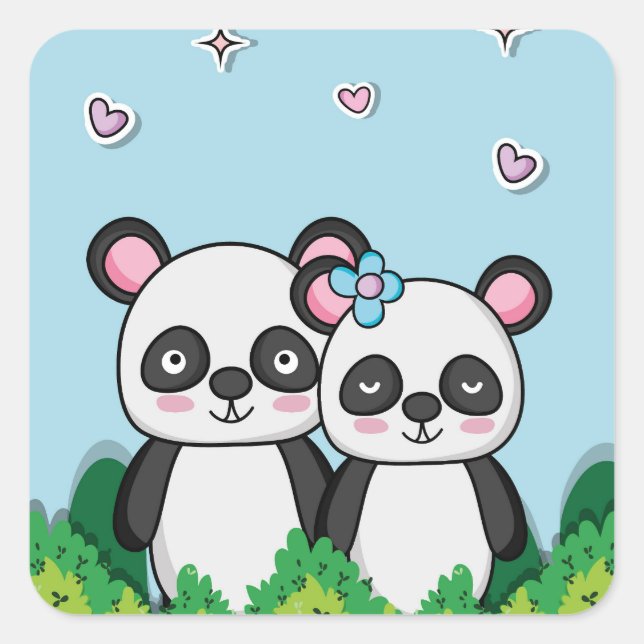 Pegatina Cuadrada Pareja de Pandas (Anverso)