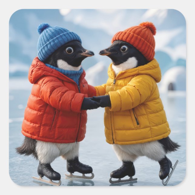 Pegatina Cuadrada Pareja de pingüinos patinando sobre hielo en Navid (Anverso)