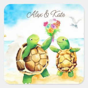 Pegatina Cuadrada Pareja De Tortuga Cuta   Boda romántico