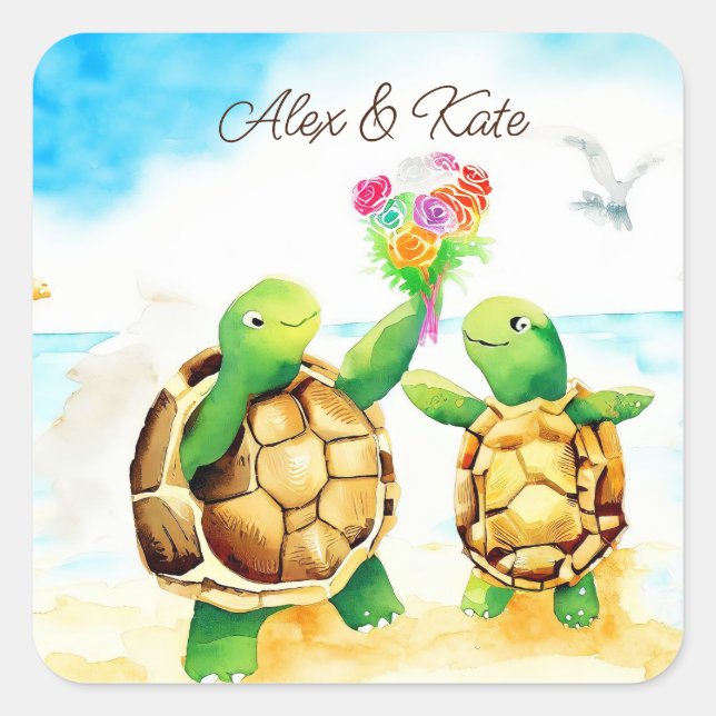Pegatina Cuadrada Pareja De Tortuga Cuta | Boda romántico (Anverso)