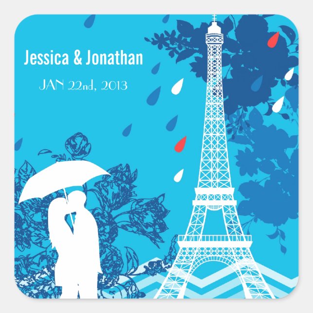 Pegatina Cuadrada Pareja en París con Torre Eiffel (Anverso)