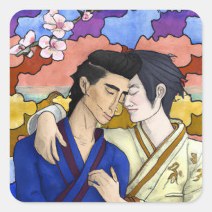 Pegatina Cuadrada Pareja gay al estilo del arte japonés Ukiyo-e