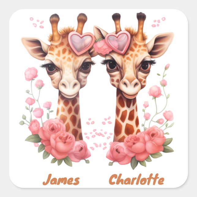 Pegatina Cuadrada Pareja personalizada de jirafa para El día de San  (Anverso)