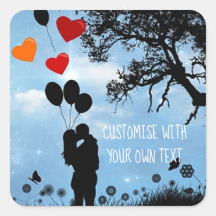 Pegatina Cuadrada Pareja personalizado con amor Silhouette y globos
