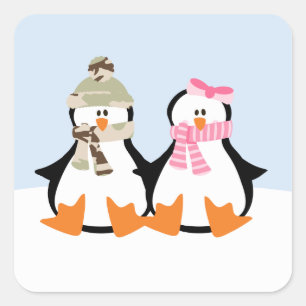 Pegatina Cuadrada Pareja Pingüino Militar