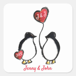 Pegatina Cuadrada Pareja pingüino y boda de globos cardíacos