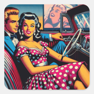 Pegatina Cuadrada Pareja retro en auto en unidad en película