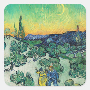Pegatina Cuadrada Pareja Romántica de Van Gogh Caminando Bajo la Lun
