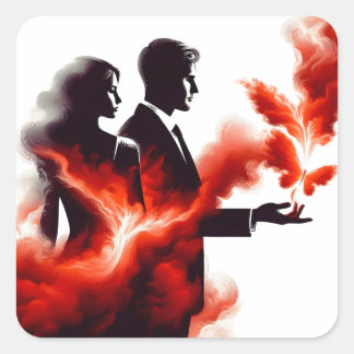 Pegatina Cuadrada Pareja Silueta Pasión Ardiente - Llama Surrealista
