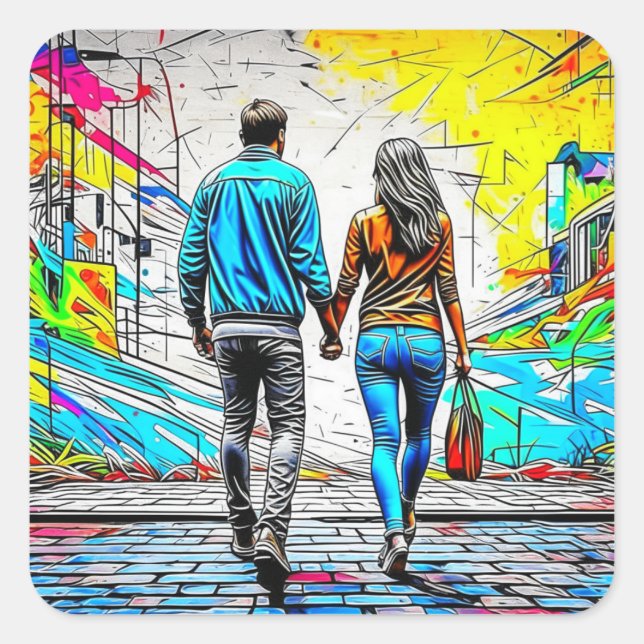 Pegatina Cuadrada Pareja sosteniendo manos Graffiti urbano (Anverso)