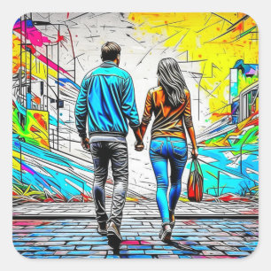 Pegatina Cuadrada Pareja sosteniendo manos Graffiti urbano