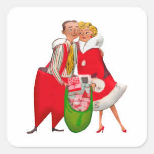 Pegatina Cuadrada Pareja Vintage de Navidad 1950