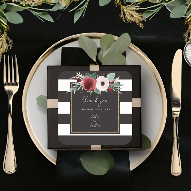 Pegatina Cuadrada Parejas de raya negra floral magenta Nombres Boda (Subido por el creador)