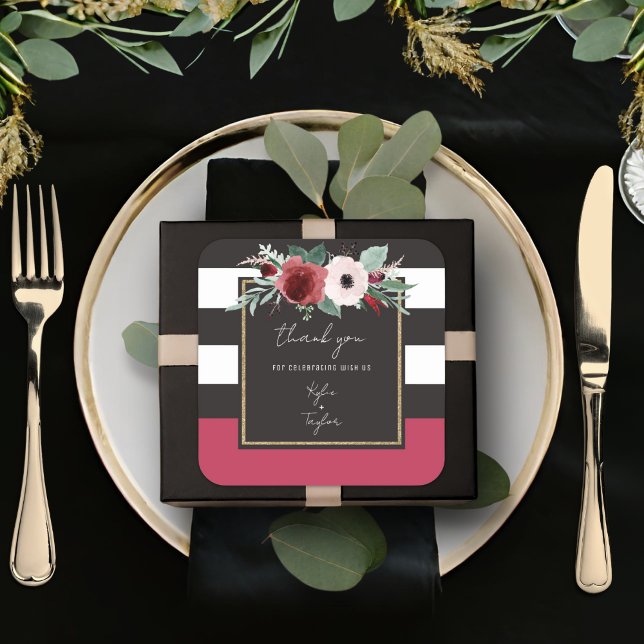 Pegatina Cuadrada Parejas de raya negra floral magenta Nombres Boda (Subido por el creador)