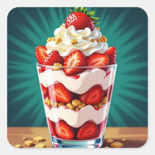 Pegatina Cuadrada Parfait de Fresa, Granola y Crema Batida