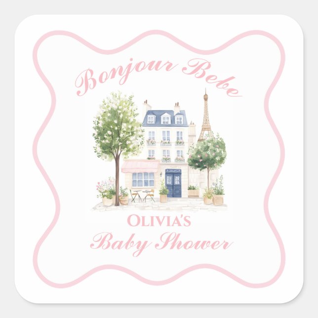 Pegatina Cuadrada Paris Baby Shower Parisian Cafe Tea Fiesta (Anverso)