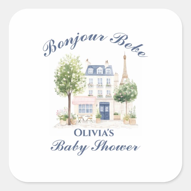 Pegatina Cuadrada Paris Baby Shower Parisian Cafe Tea Party (Anverso)
