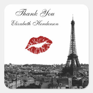 Pegatina Cuadrada Paris Francia Silueta Beso #1 BW Beso Favor Etique
