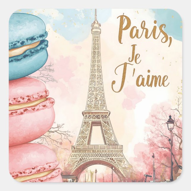 Pegatina Cuadrada París, Je T'aime - Torre Eiffel con Macarones (Anverso)