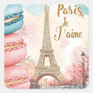 Pegatina Cuadrada París, Je T'aime - Torre Eiffel con Macarones
