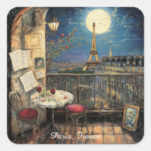 Pegatina Cuadrada París romántico Francia Ilustración Torre Eiffel