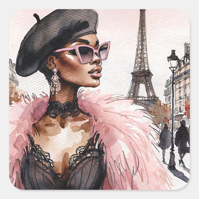 Pegatina Cuadrada Parisian Chic Black Woman in France Watercolor (Anverso)