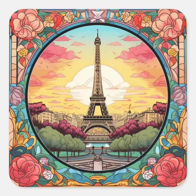 Pegatina Cuadrada Parisino Sunset Eifel Tower Paris Floral Francesa (Anverso)