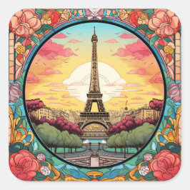 Pegatina Cuadrada Parisino Sunset Eiffel Tower Paris Floral Francesa