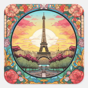 Pegatina Cuadrada Parisino Sunset Eiffel Tower Paris Floral Francesa