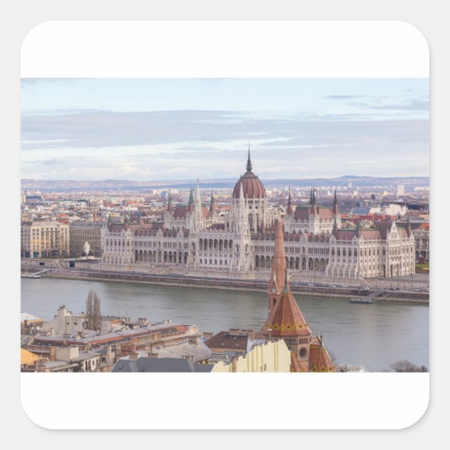 Pegatina Cuadrada Parlamento húngaro Budapest por día (Anverso)