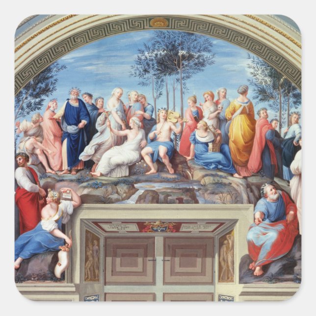 Pegatina Cuadrada Parnassus y el Disputa, de la Stanza della S (Anverso)
