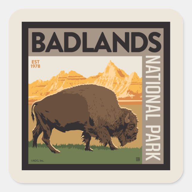 Pegatina Cuadrada Parque nacional Badlands | Búfalo (Anverso)