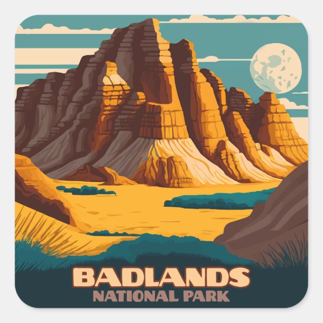 Pegatina Cuadrada Parque nacional Badlands Montañas Retro (Anverso)