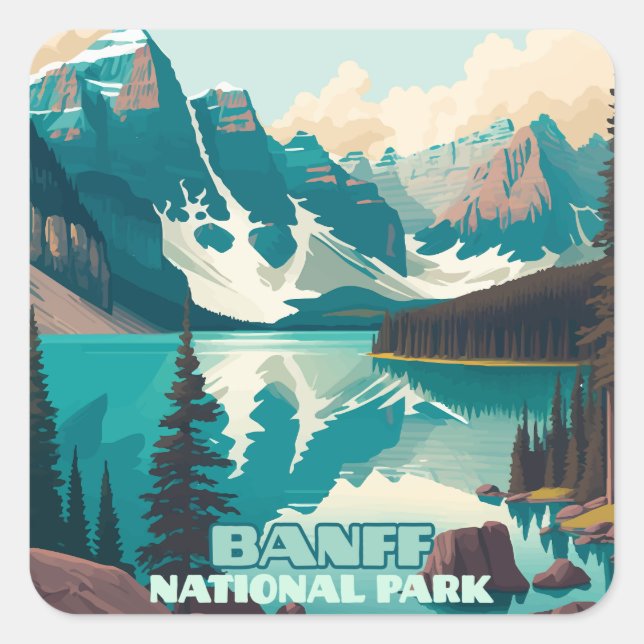 Pegatina Cuadrada Parque nacional Banff Lago Moraine Retro (Anverso)