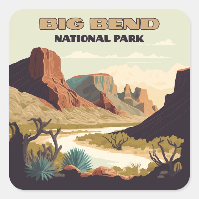 Pegatina Cuadrada Parque nacional Big Bend Texas Retro Travel (Anverso)