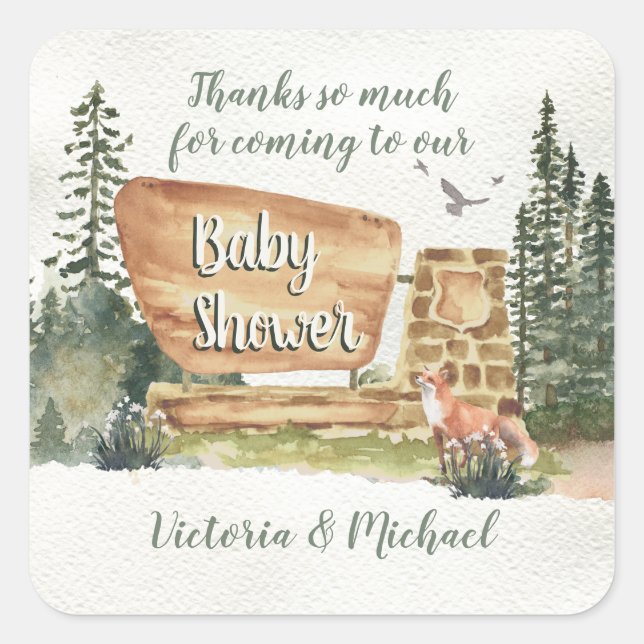 Pegatina Cuadrada Parque nacional de Woodland Baby Shower (Anverso)