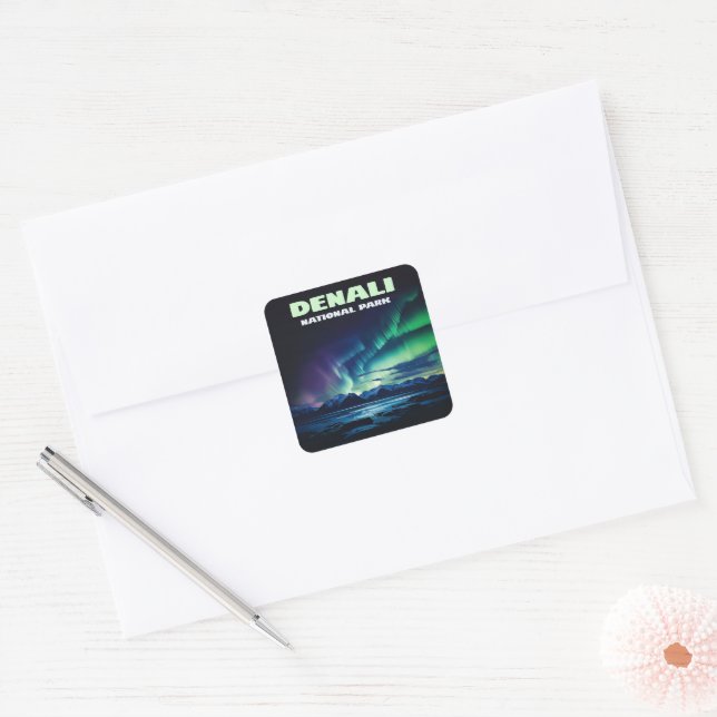 Pegatina Cuadrada Parque nacional Denali Alaska Northern Lights Retr (Sobre)
