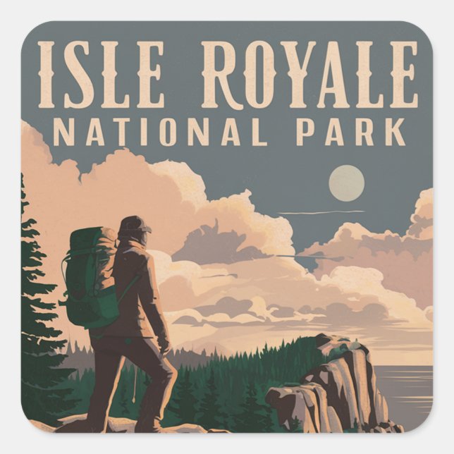 Pegatina Cuadrada Parque nacional Isle Royale Backpacking Travel Art (Anverso)