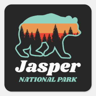 Pegatina Cuadrada Parque nacional Jasper Canadá Retro de oso