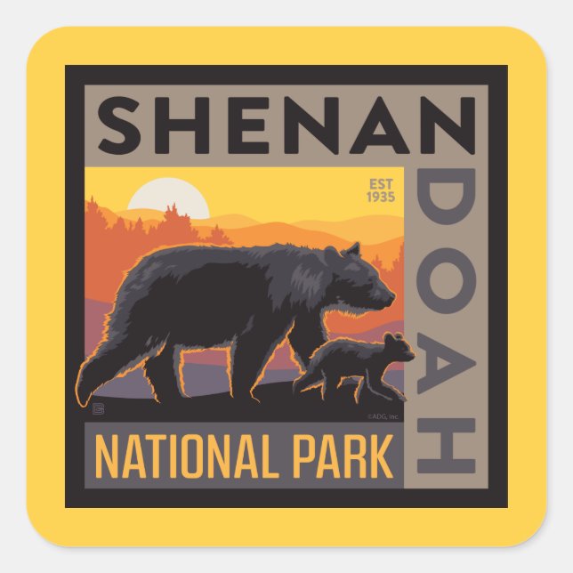 Pegatina Cuadrada Parque nacional Shenandoah | Mama Bear & Cubs (Anverso)