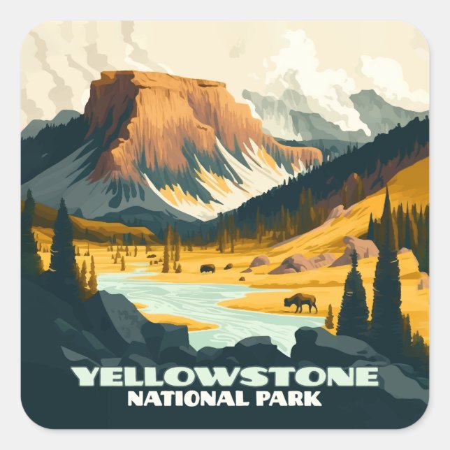 Pegatina Cuadrada Parque nacional Yellowstone Wyoming Mountains Retr (Anverso)